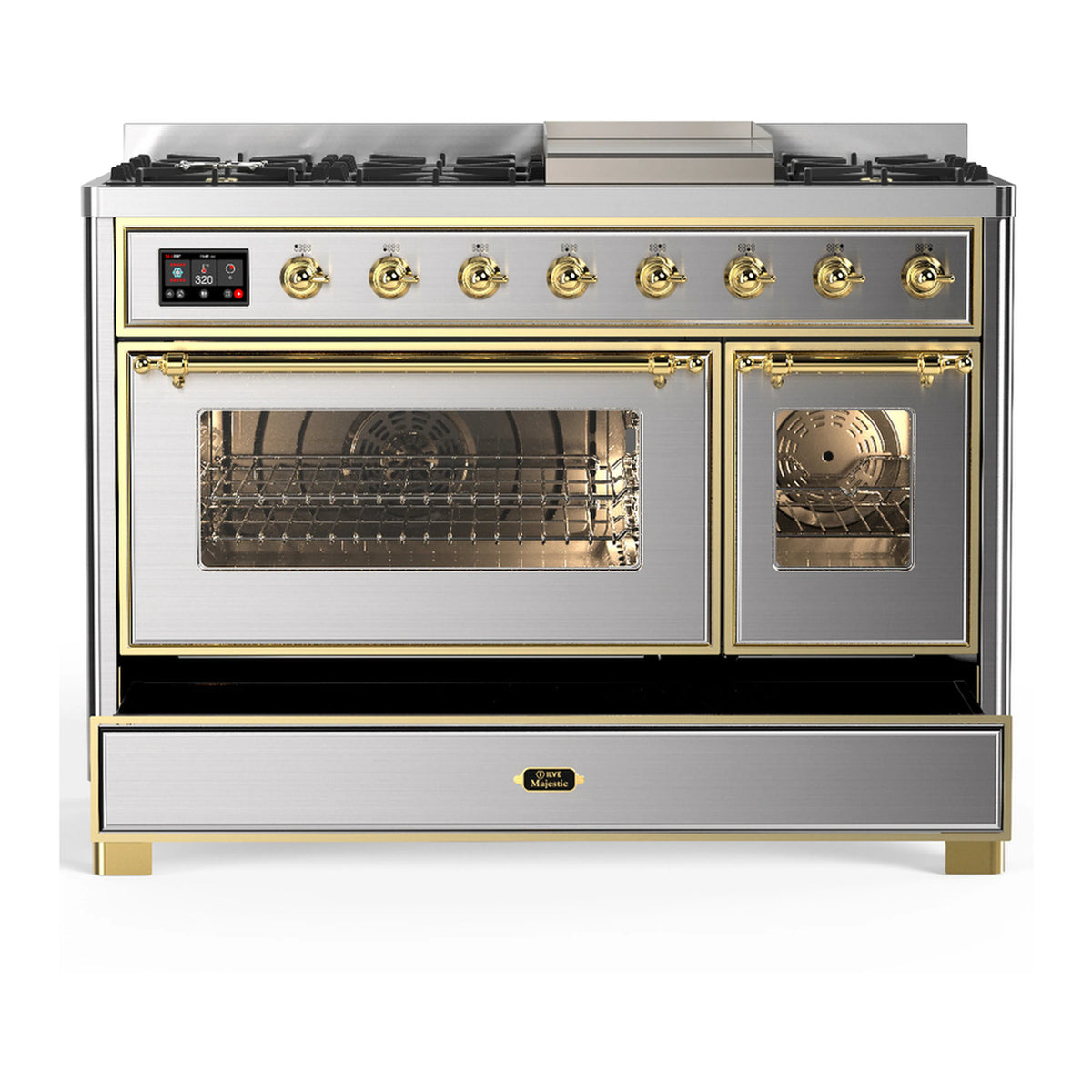 Stainless steel dual fuel range with brass-trimmed oven doors, knobs, and lower drawer