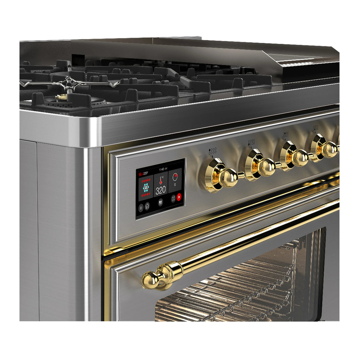 Stainless range with brass control knobs and open oven interior with rack