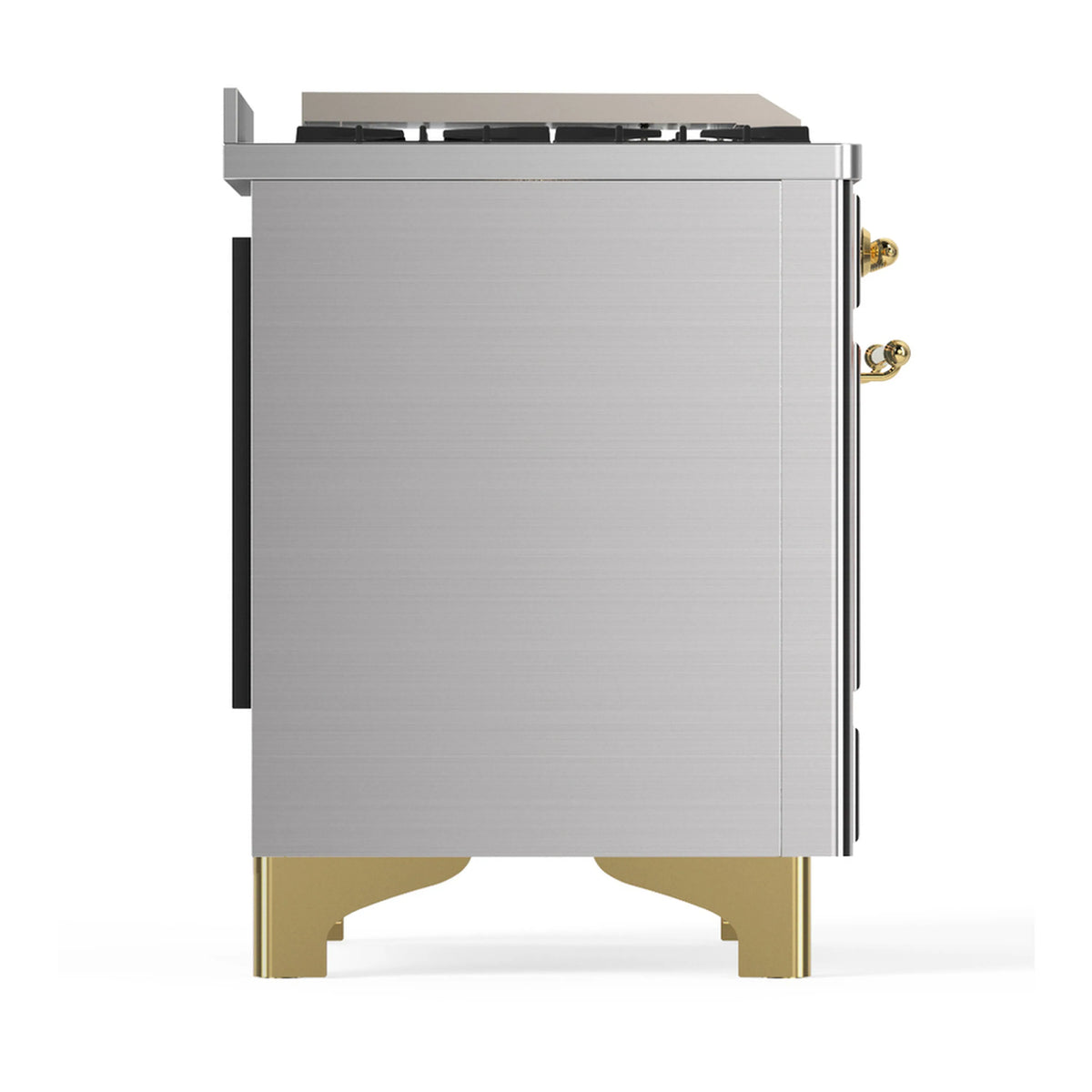 Stainless steel dual fuel range side view with black panel and brass base supports