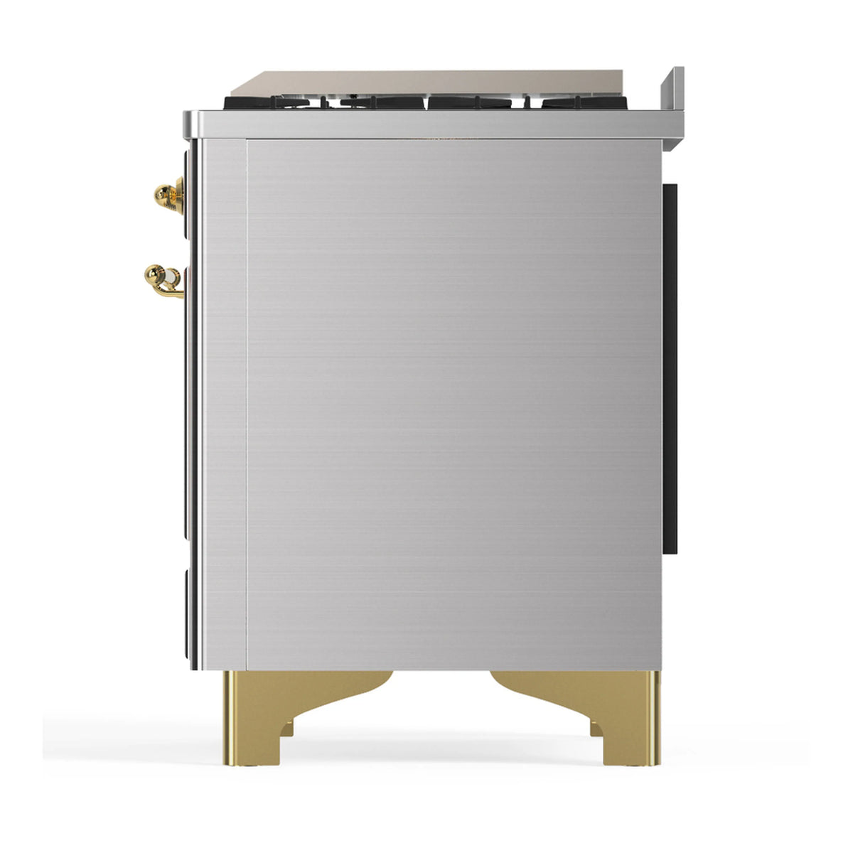 Stainless steel dual fuel range rear side view with black panel and brass base supports