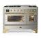 ILVE Majestic III 48-inch Dual Fuel Range with 5 Liquid Propane Burner, Griddle and Triple Glass Door Electric Oven in Stainless Steel with Brass Trim (UM48FNR3SSGLP)