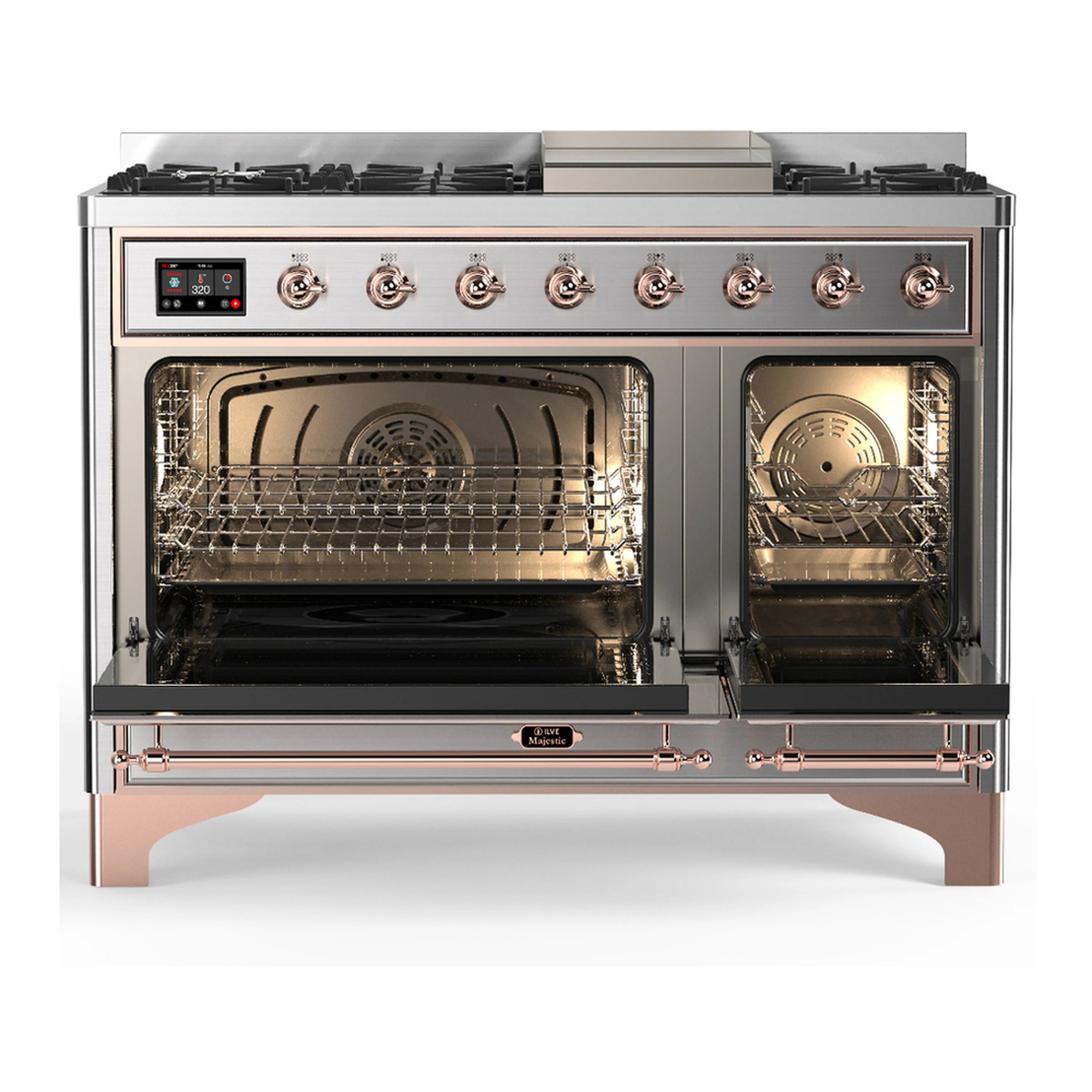 Stainless steel dual fuel range with open oven doors and gas burner control panel