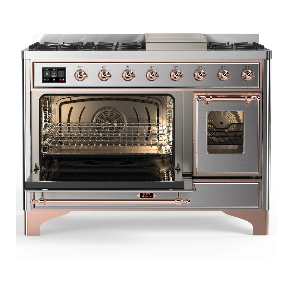 Stainless dual-fuel range with copper trim; five gas burners and closed right oven door