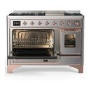 ILVE Majestic III 48-inch Dual Fuel Range with 5 Liquid Propane Burner, Griddle and Triple Glass Door Electric Oven in Stainless Steel with Copper Trim (UM48FNR3SSPLP)
