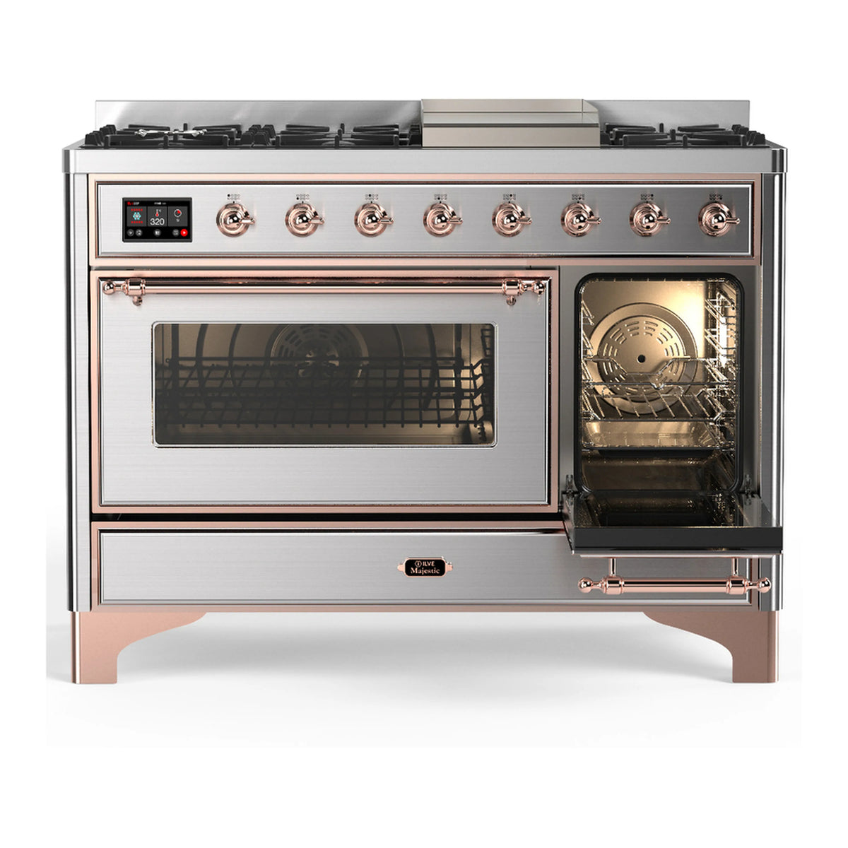 Stainless dual-fuel range with copper trim; two ovens with glass doors and five gas burners