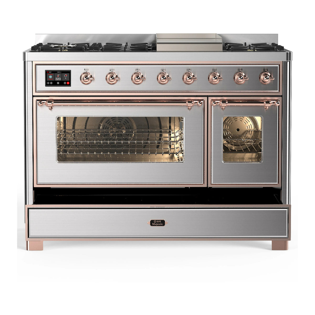 Stainless dual-fuel range with copper trim; two oven doors with glass windows and five burners