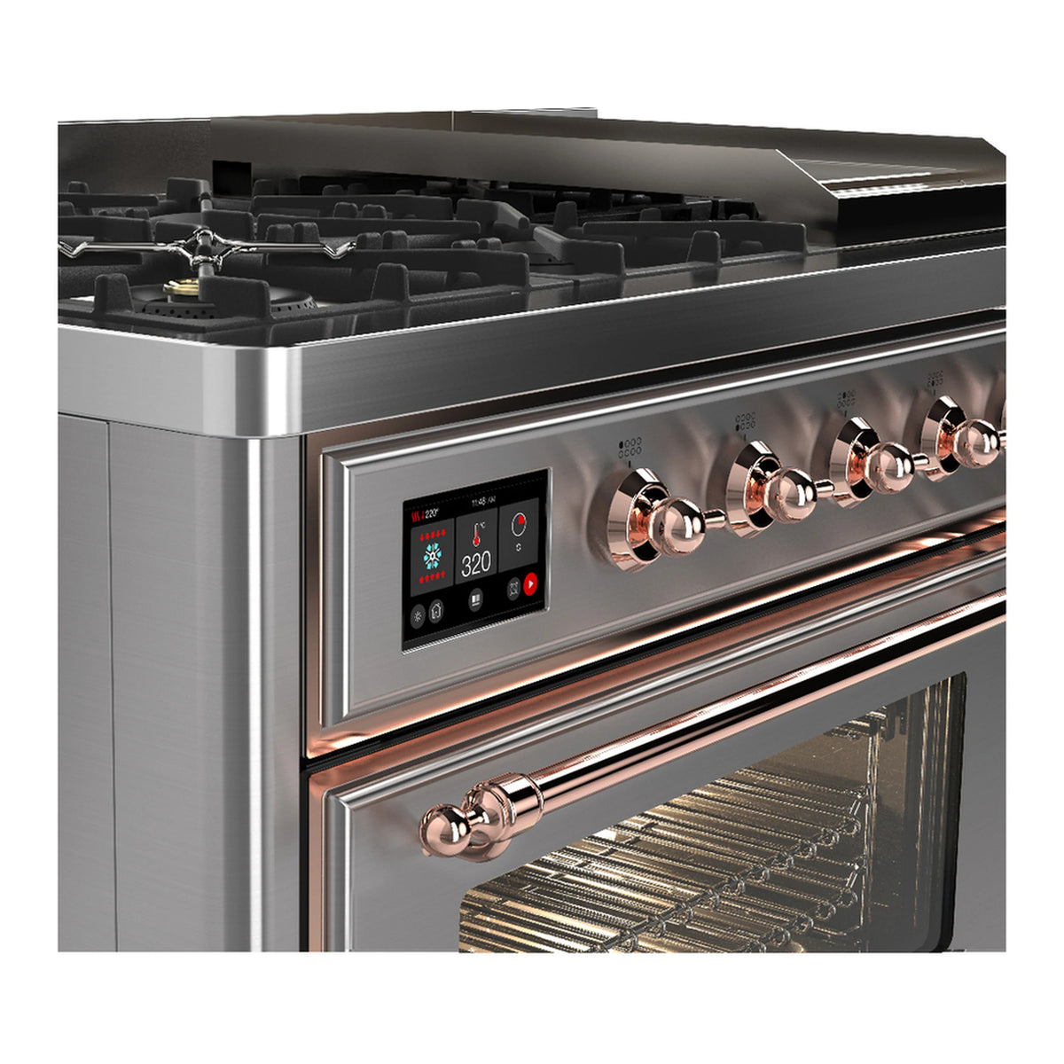 Stainless steel dual fuel range control panel with copper knobs and open oven rack