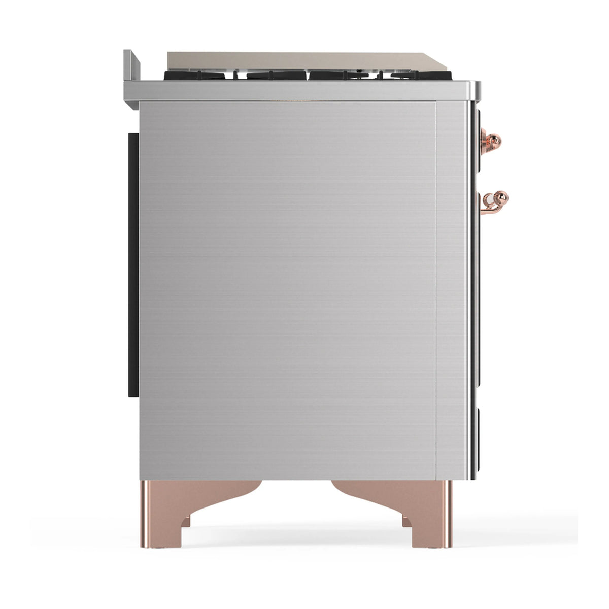 Stainless dual-fuel range with copper trim; brushed side panel and copper corner accents