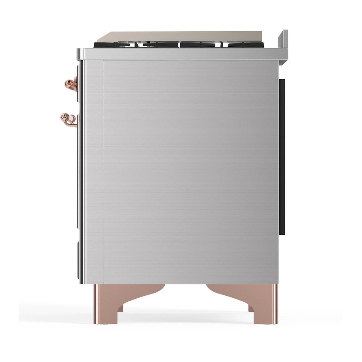 Stainless dual-fuel range with copper trim; opposite side panel with copper accents and legs