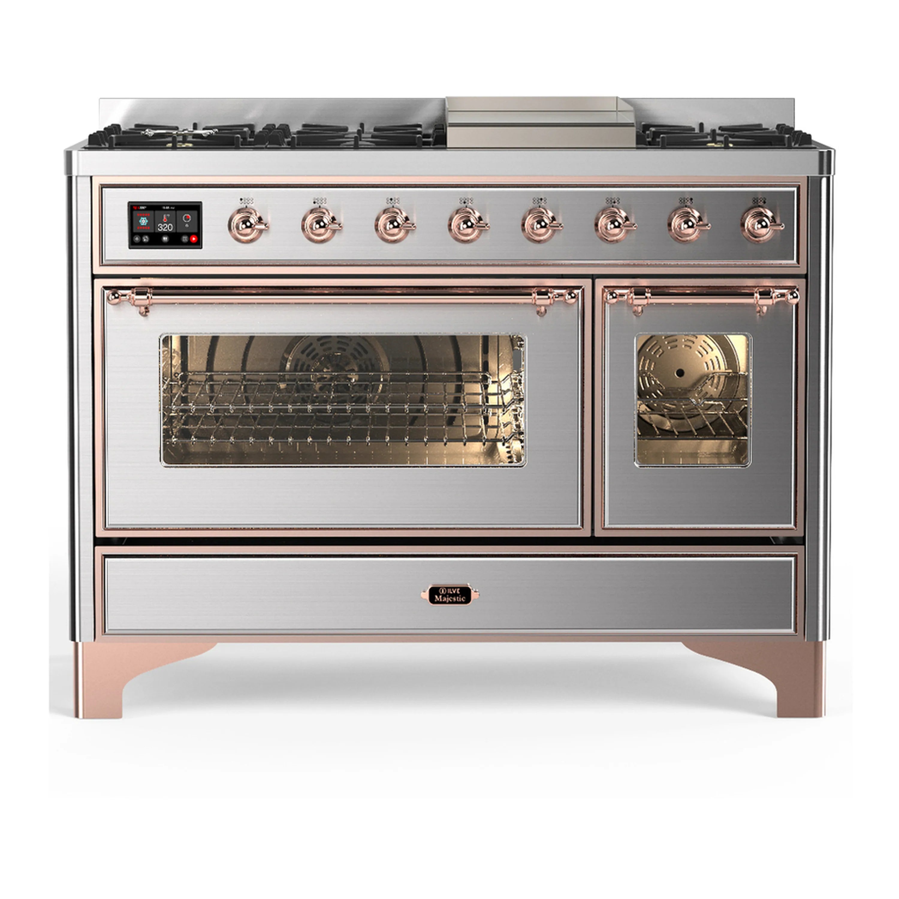 Stainless dual-fuel range with copper trim; five burners and two ovens with glass doors