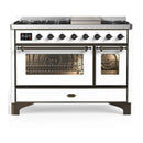 ILVE Majestic III 48-inch Dual Fuel Range with 5 Natural Gas Burner, Griddle and Triple Glass Door Electric Oven in White with Burnished Trim (UM48FNR3WHB)