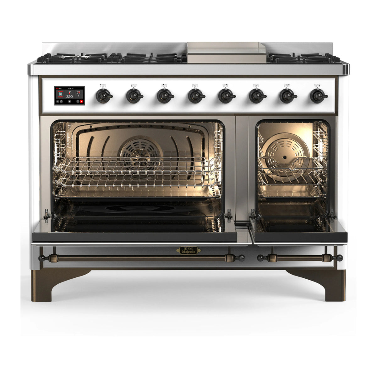 White dual fuel range with gas burners and two oven doors open, triple-glass oven windows