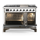ILVE Majestic III 48-inch Dual Fuel Range with 5 Natural Gas Burner, Griddle and Triple Glass Door Electric Oven in White with Burnished Trim (UM48FNR3WHB)