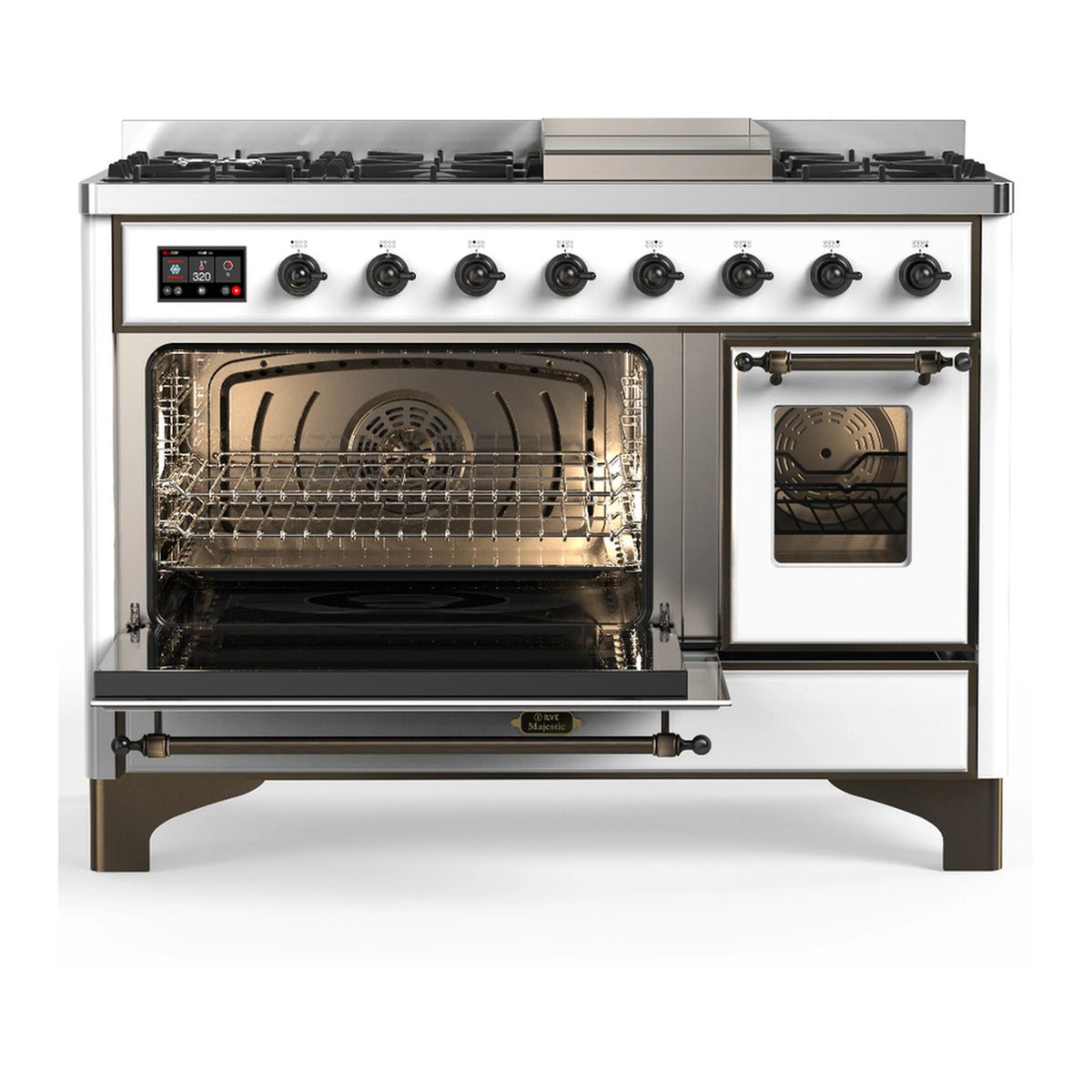 White dual fuel range with gas cooktop and two ovens, right oven door open with window