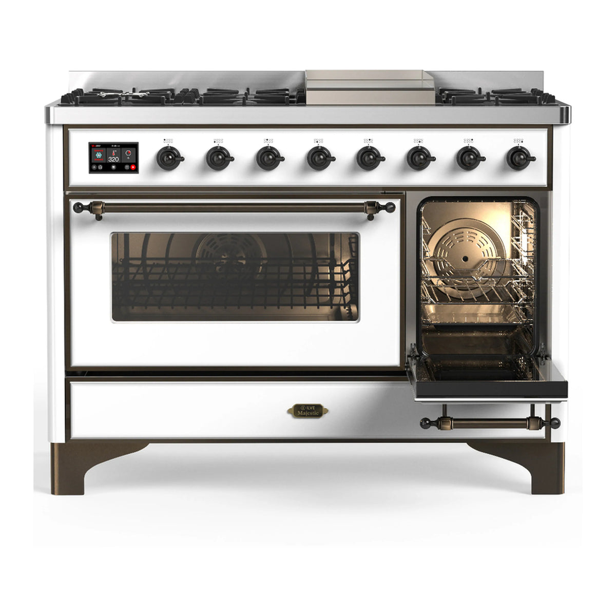 White dual fuel range with gas burners and main oven with window, second oven door open