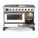 ILVE Majestic III 48-inch Dual Fuel Range with 5 Natural Gas Burner, Griddle and Triple Glass Door Electric Oven in White with Burnished Trim (UM48FNR3WHB)