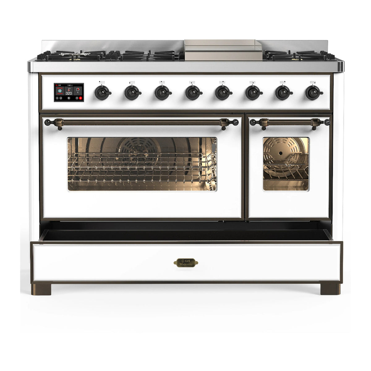 White dual fuel range with gas burners, main oven window door and side oven window door closed