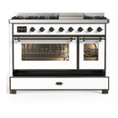 ILVE Majestic III 48-inch Dual Fuel Range with 5 Natural Gas Burner, Griddle and Triple Glass Door Electric Oven in White with Burnished Trim (UM48FNR3WHB)