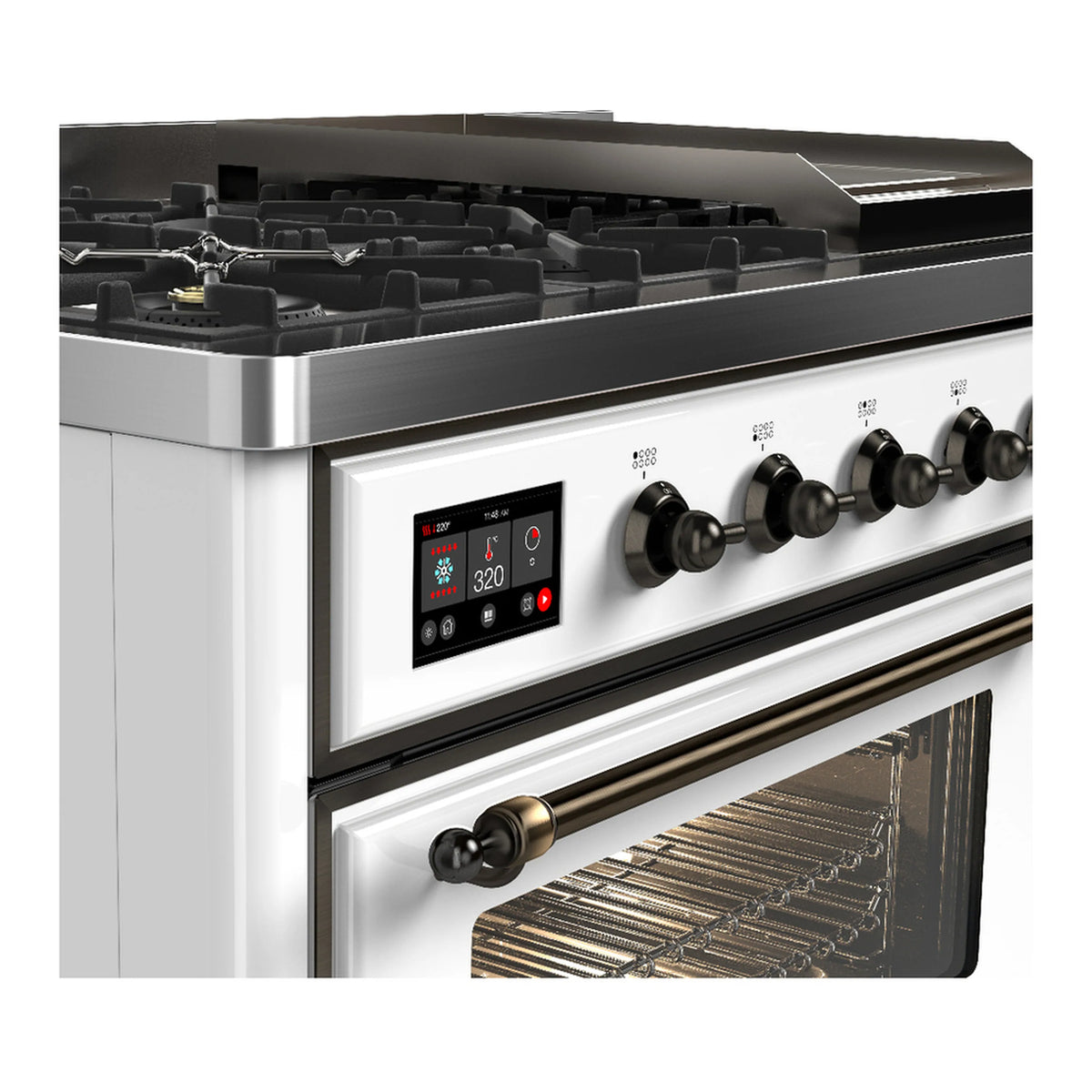 White dual fuel range control panel with knobs and digital display, side oven handle visible