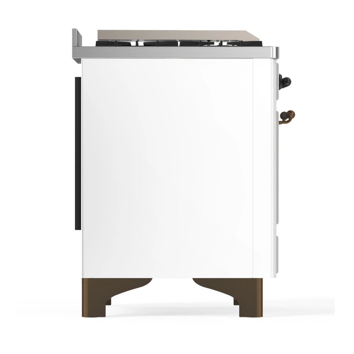 White dual fuel range side panel with burnished trim and leg base, rear corner detail