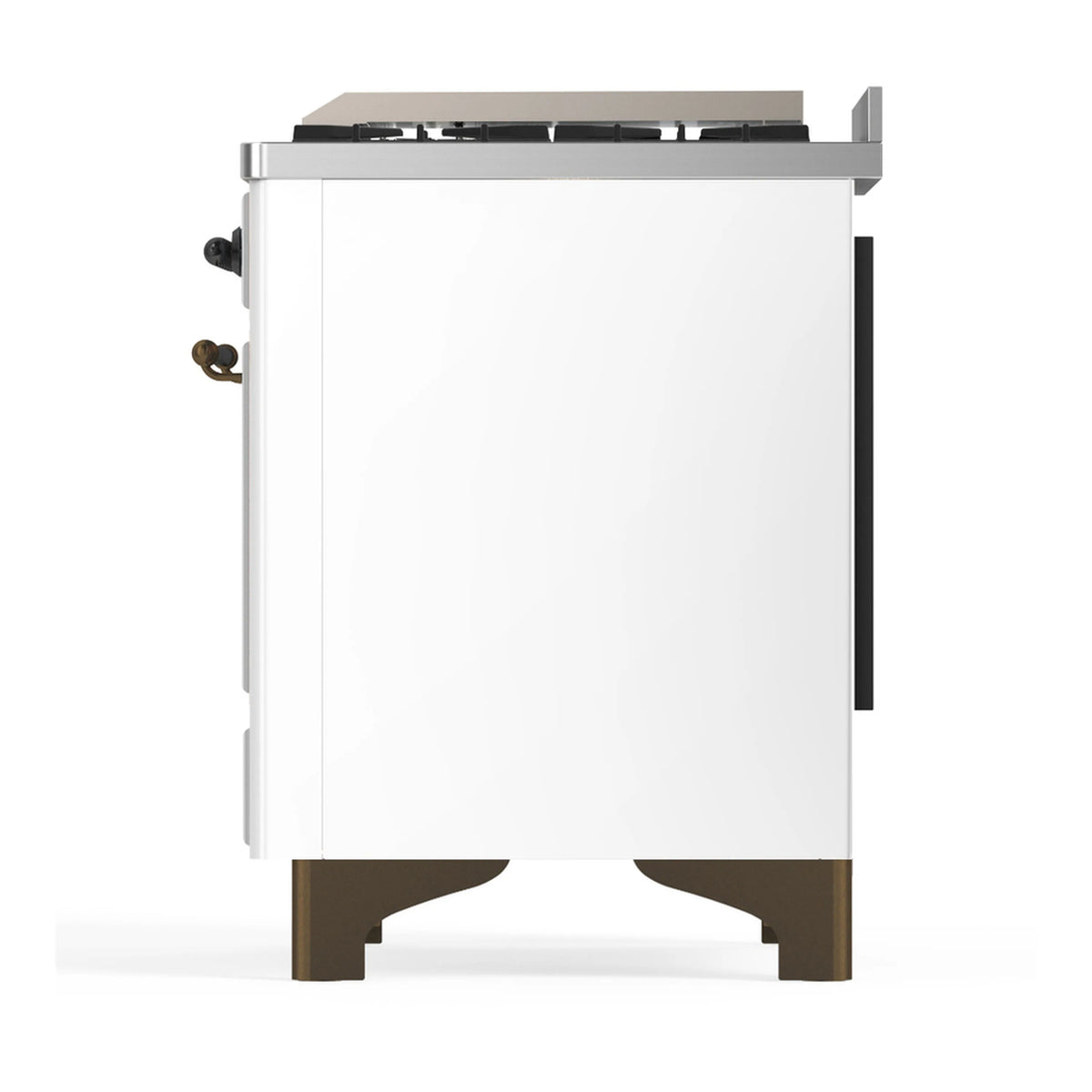 White dual fuel range opposite side panel with burnished trim and rear corner details