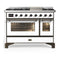 ILVE Majestic III 48-inch Dual Fuel Range with 5 Natural Gas Burner, Griddle and Triple Glass Door Electric Oven in White with Burnished Trim (UM48FNR3WHB)
