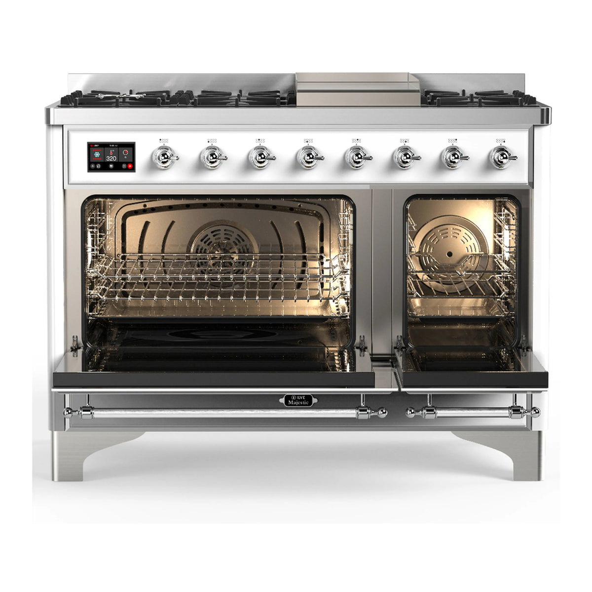 White dual fuel range with open electric oven doors, chrome control knobs, and cooktop burners.