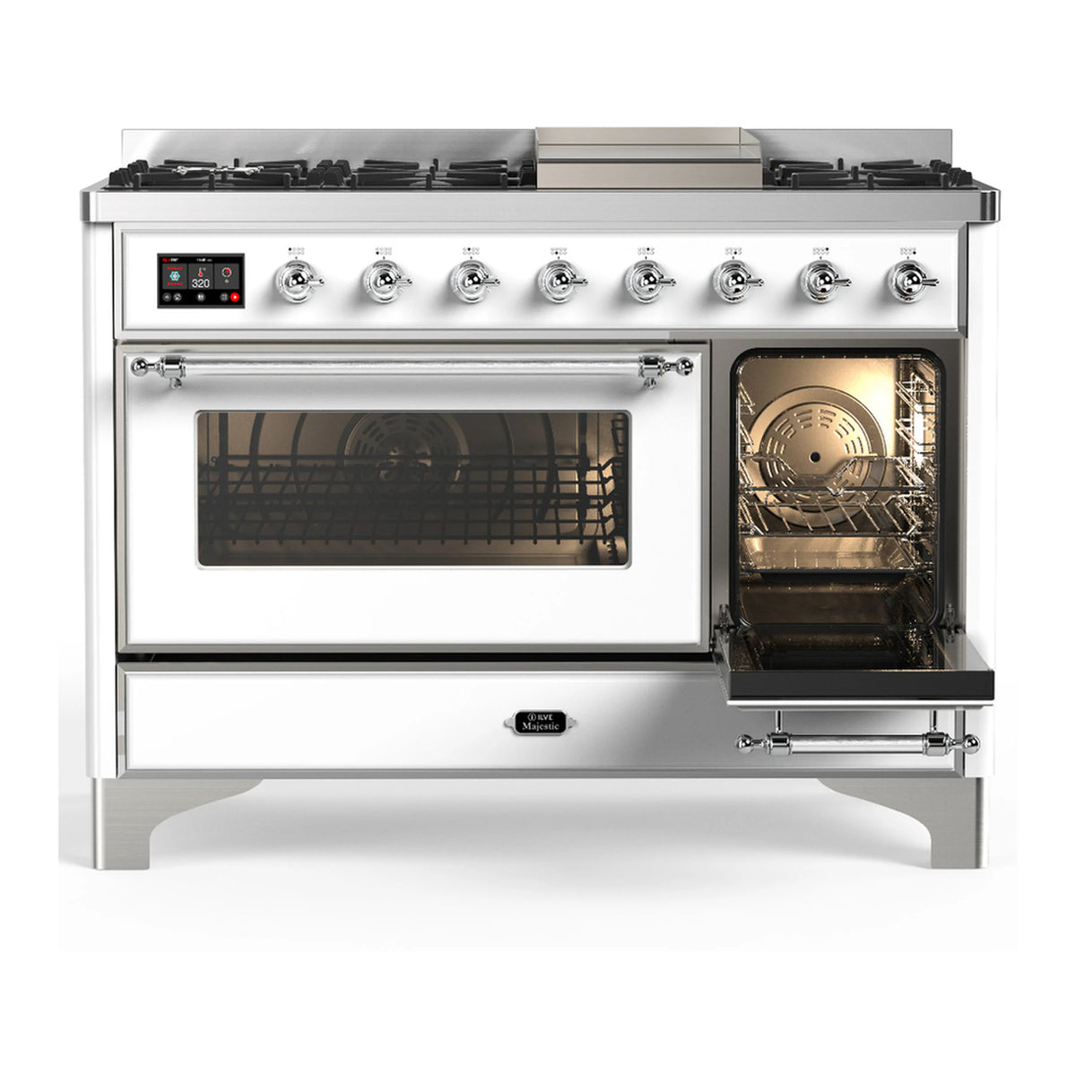 White dual fuel range with large oven window open and right oven door open; chrome control knobs.