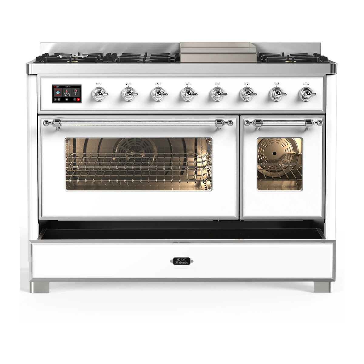 White dual fuel range with chrome trim, twin oven doors, and control panel with burner knobs.