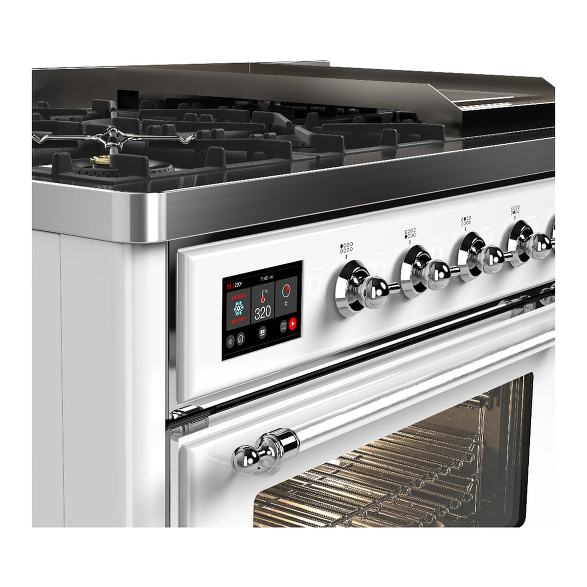 White dual fuel range close-up with chrome knobs and digital display; oven interior with rack.