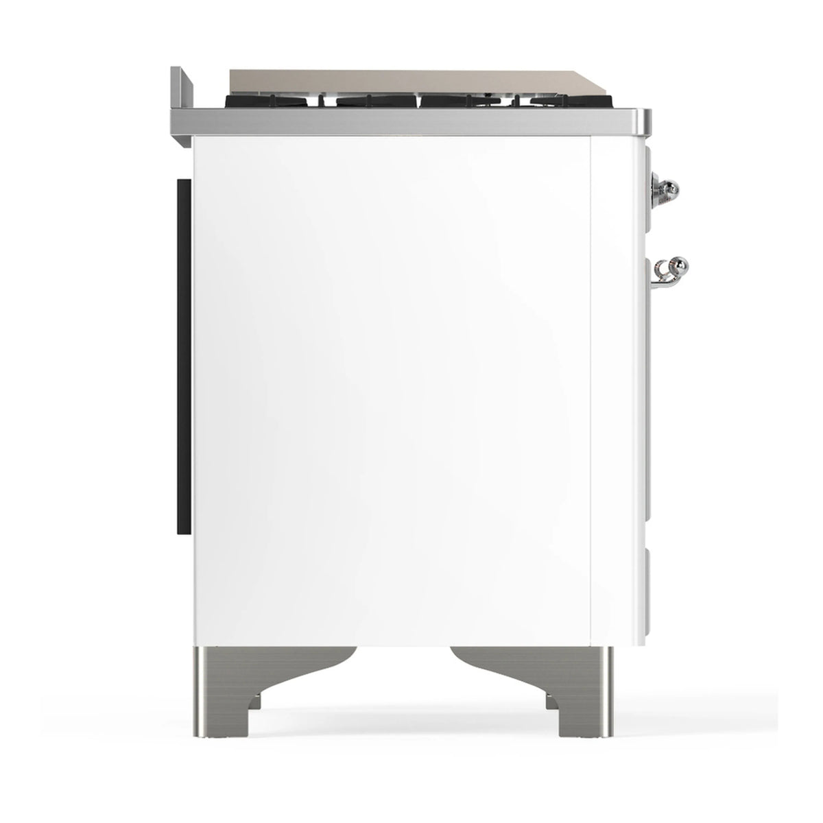White side panel of dual fuel range with chrome trim and handles; cooktop and griddle top visible.