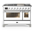 ILVE Majestic III 48-inch Dual Fuel Range with 5 Natural Gas Burner, Griddle and Triple Glass Door Electric Oven in White with Chrome Trim (UM48FNR3WHC)