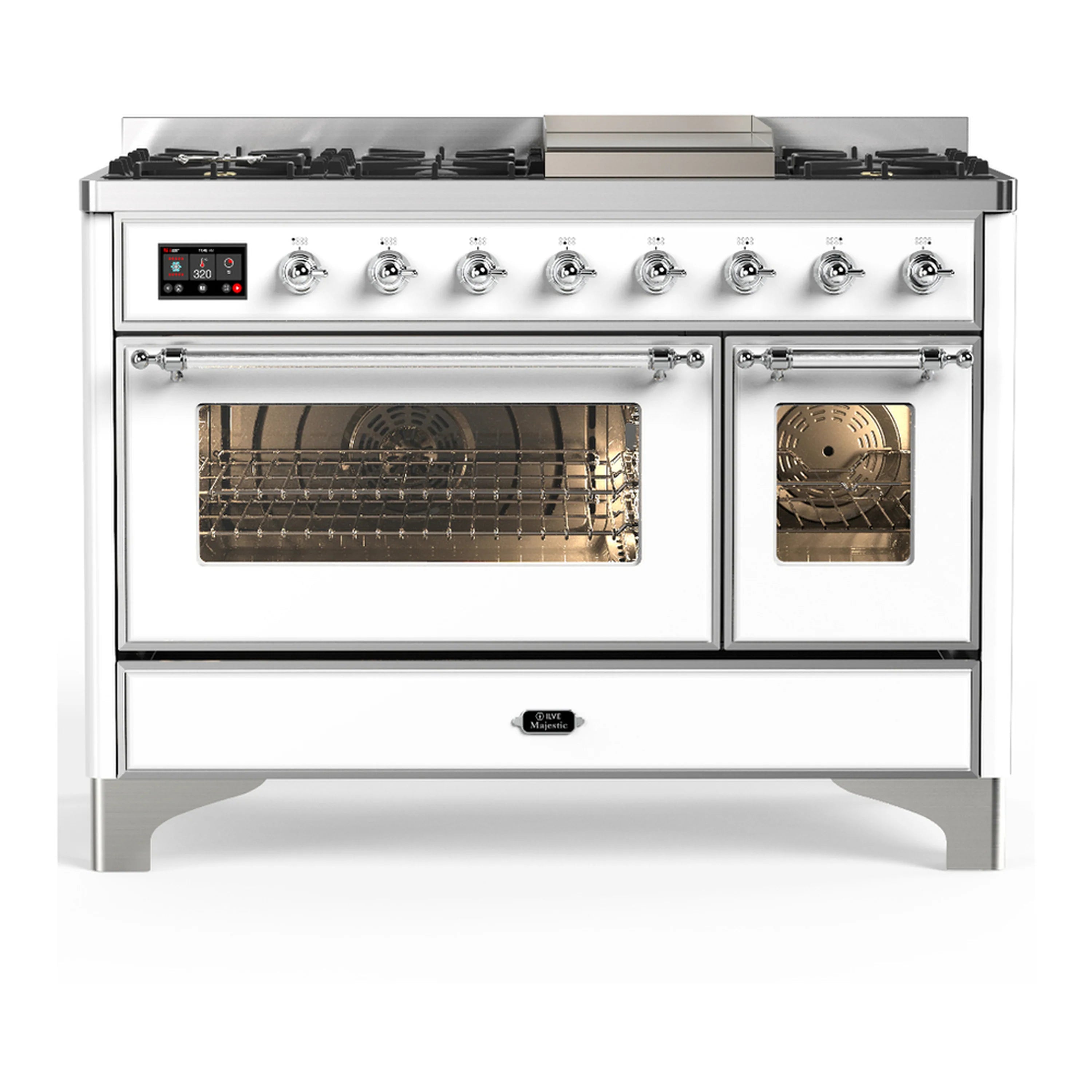 White dual fuel range with chrome trim, twin oven doors, and five gas burners on the cooktop.