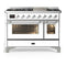 ILVE Majestic III 48-inch Dual Fuel Range with 5 Liquid Propane Burner, Griddle and Triple Glass Door Electric Oven in White with Chrome Trim (UM48FNR3WHCLP)