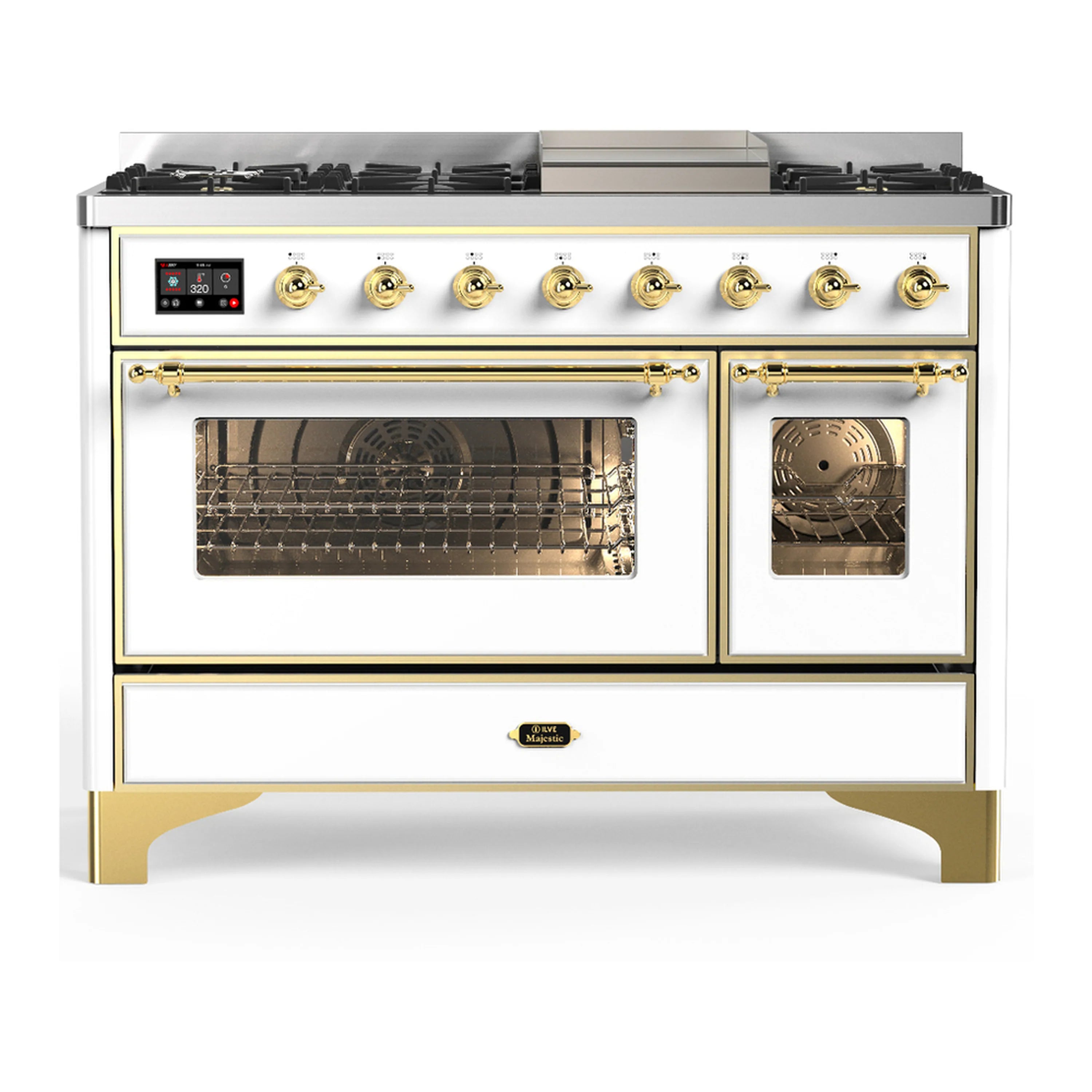 White dual fuel range with brass trim, two oven doors and viewing windows; gas cooktop