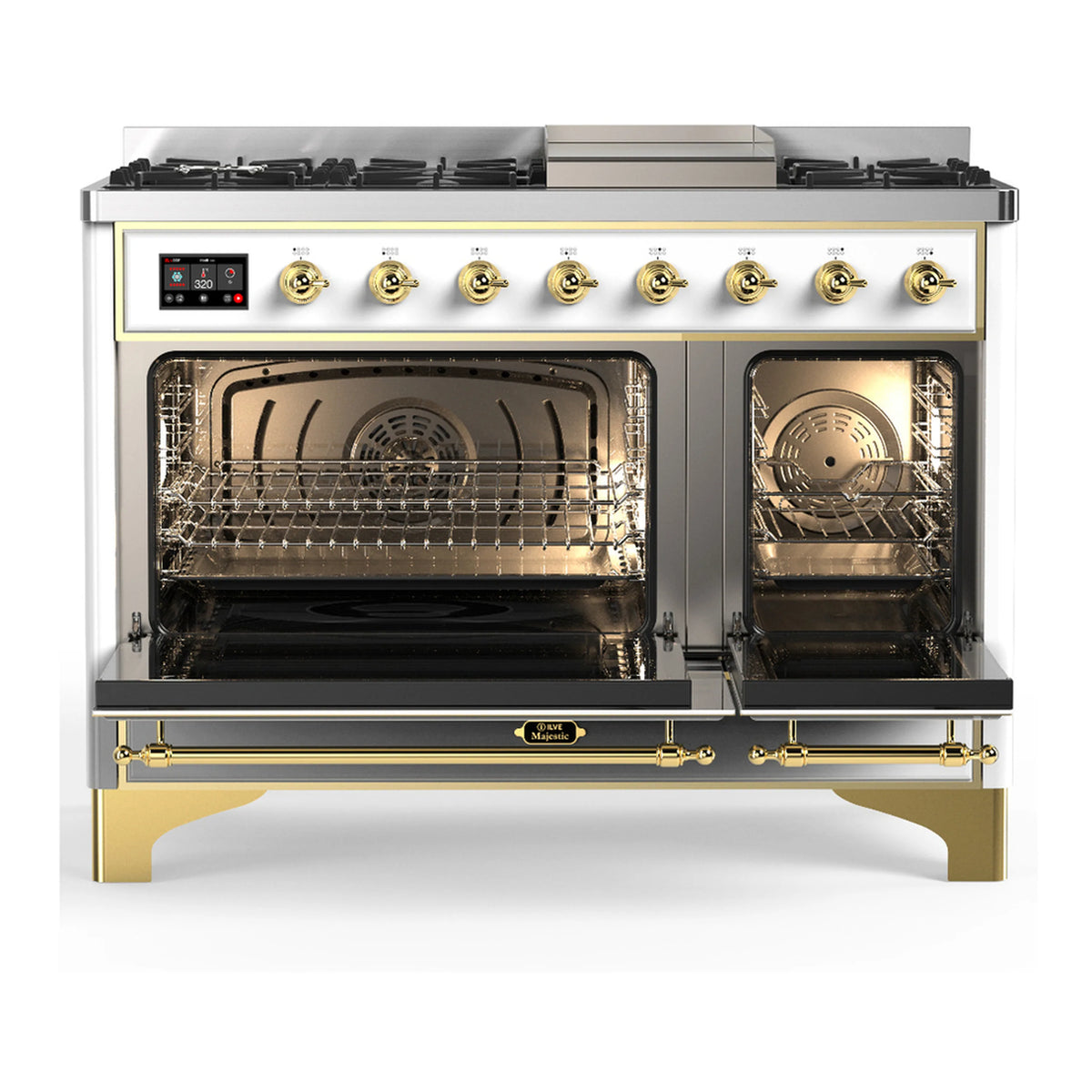 White dual fuel range with brass trim; open ovens show racks and interior fan in windows