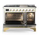ILVE Majestic III 48-inch Dual Fuel Range with 5 Liquid Propane Burner, Griddle and Triple Glass Door Electric Oven in White with Brass Trim (UM48FNR3WHGLP)