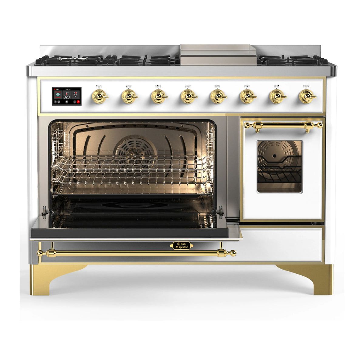 White dual fuel range with brass trim; one oven window and side oven door open