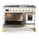ILVE Majestic III 48-inch Dual Fuel Range with 5 Liquid Propane Burner, Griddle and Triple Glass Door Electric Oven in White with Brass Trim (UM48FNR3WHGLP)