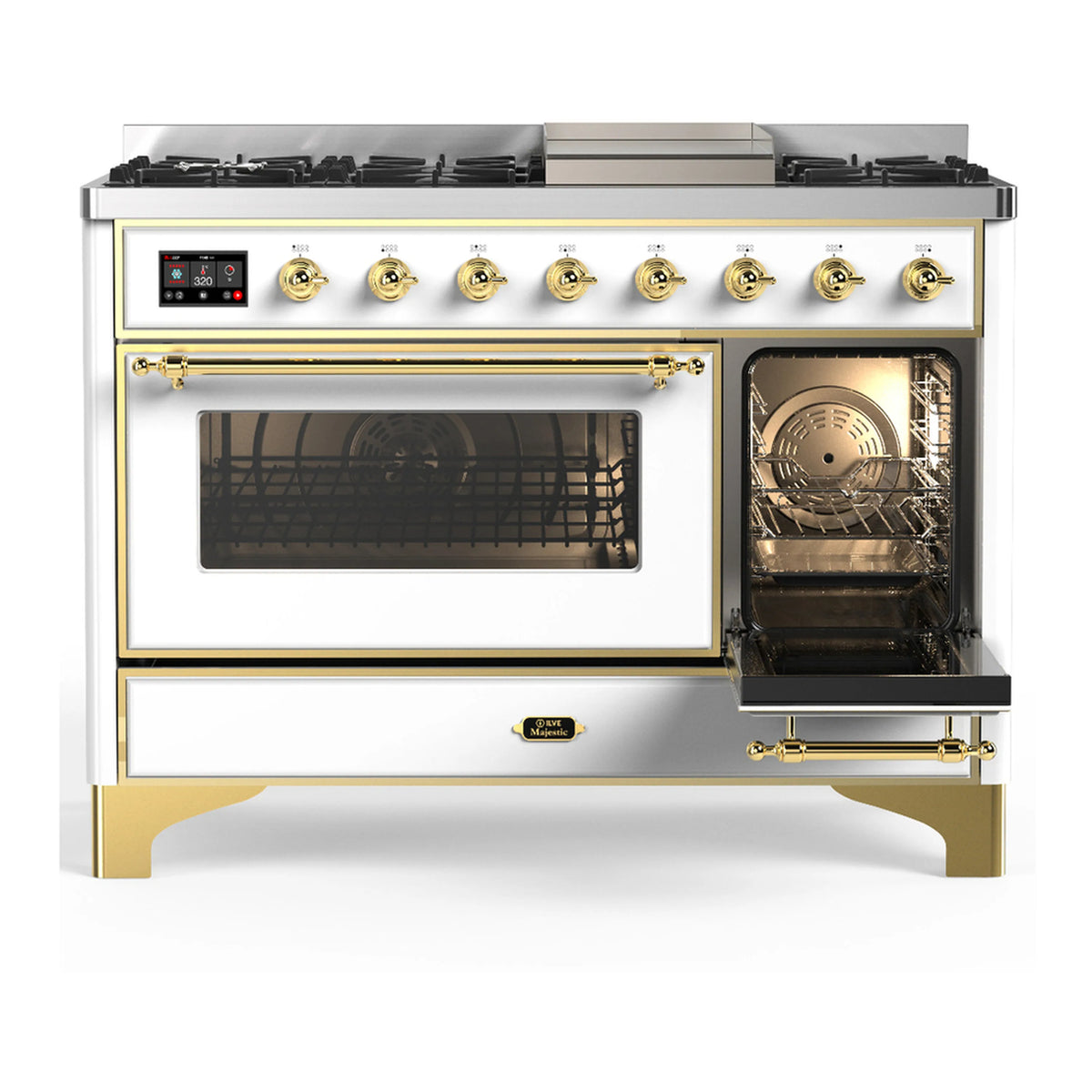 White dual fuel range with brass trim; front doors closed, side oven door and window
