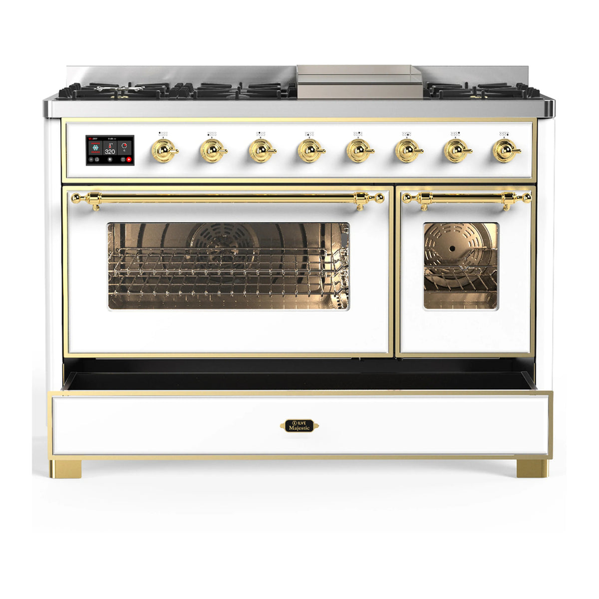 White dual fuel range with brass trim; control panel centered, ovens with glass windows