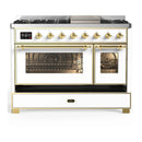 ILVE Majestic III 48-inch Dual Fuel Range with 5 Liquid Propane Burner, Griddle and Triple Glass Door Electric Oven in White with Brass Trim (UM48FNR3WHGLP)
