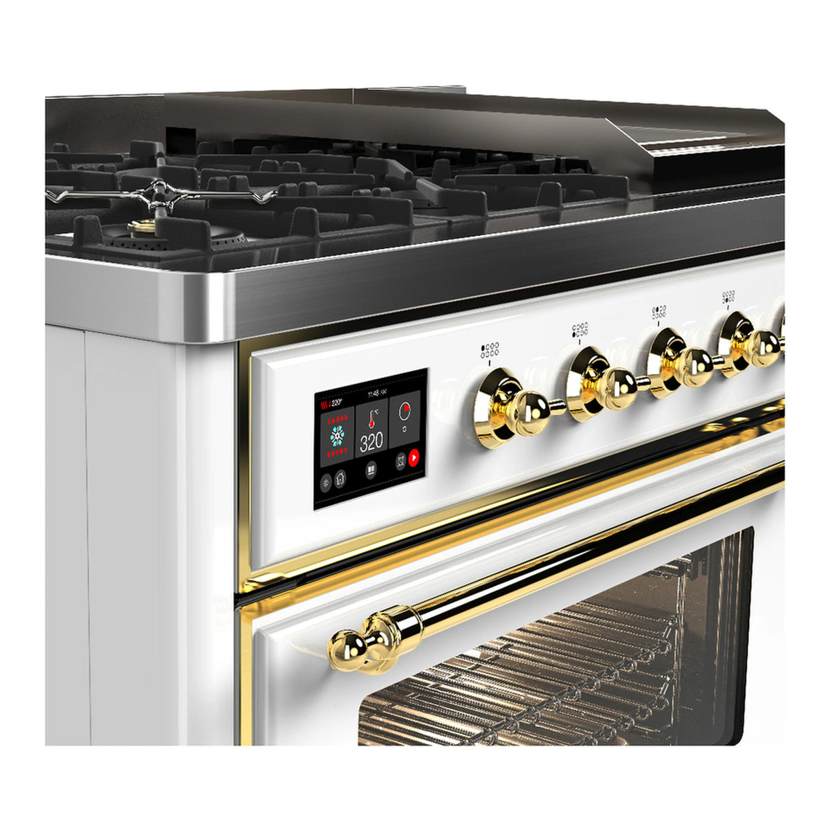 Dual fuel range control panel with brass knobs and digital display above oven burner area