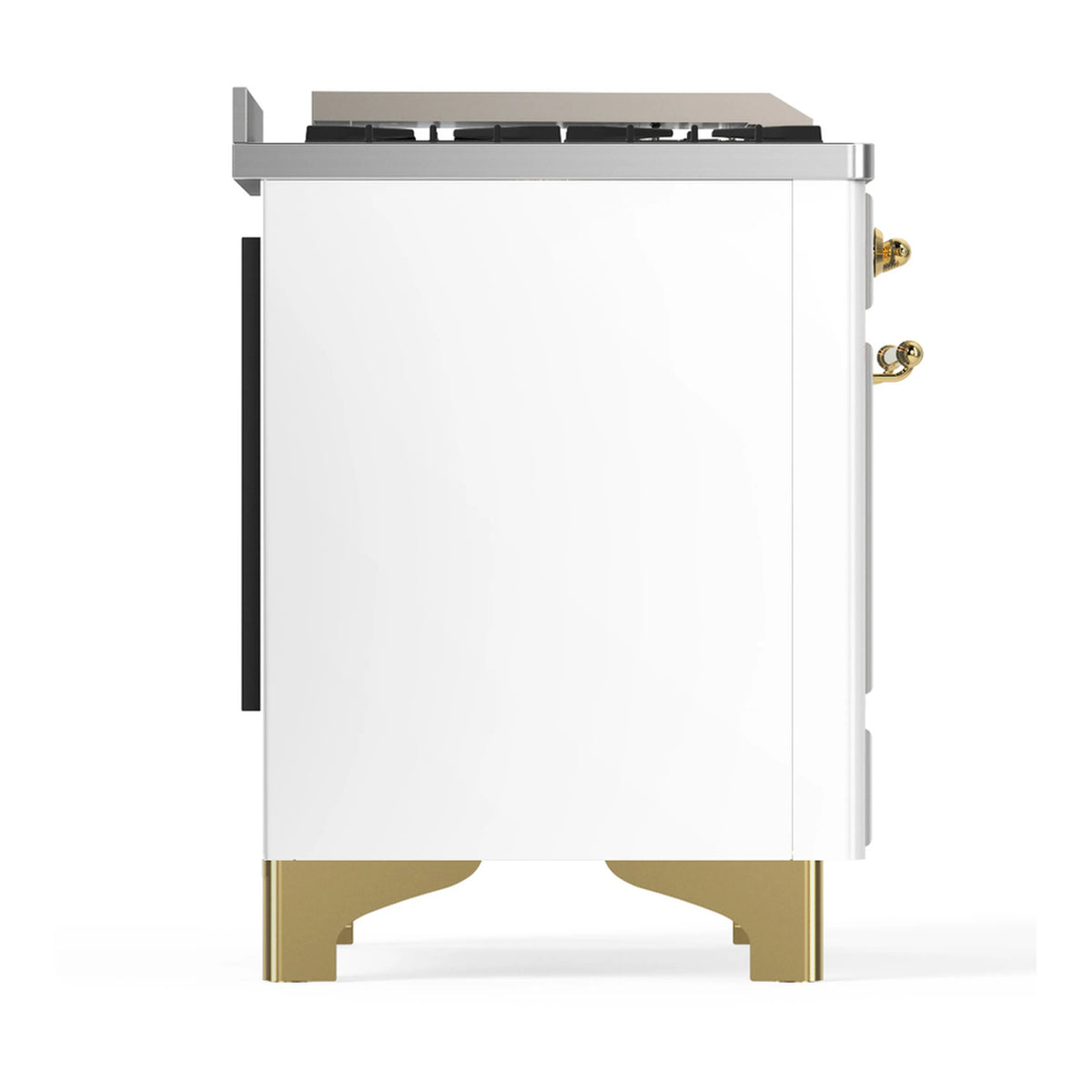 Dual fuel range rear view with white back panel and brass corner feet; cooktop hood