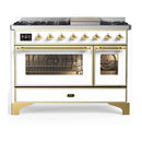 ILVE Majestic III 48-inch Dual Fuel Range with 5 Liquid Propane Burner, Griddle and Triple Glass Door Electric Oven in White with Brass Trim (UM48FNR3WHGLP)