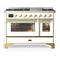 ILVE Majestic III 48-inch Dual Fuel Range with 5 Liquid Propane Burner, Griddle and Triple Glass Door Electric Oven in White with Brass Trim (UM48FNR3WHGLP)