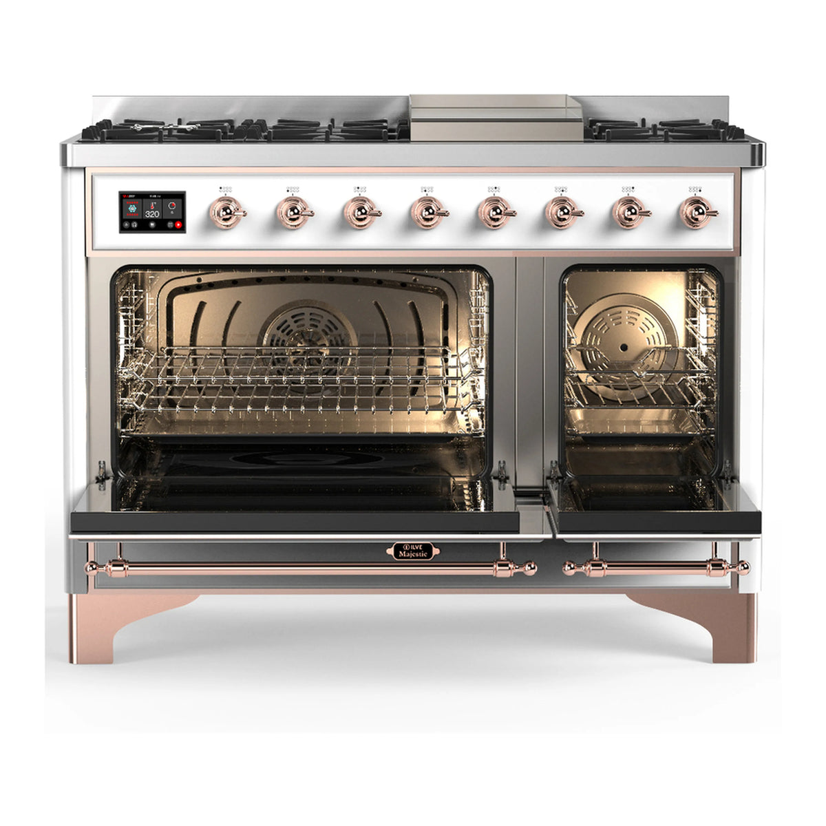 White dual-fuel range with copper trim and open ovens showing racks and interior lights