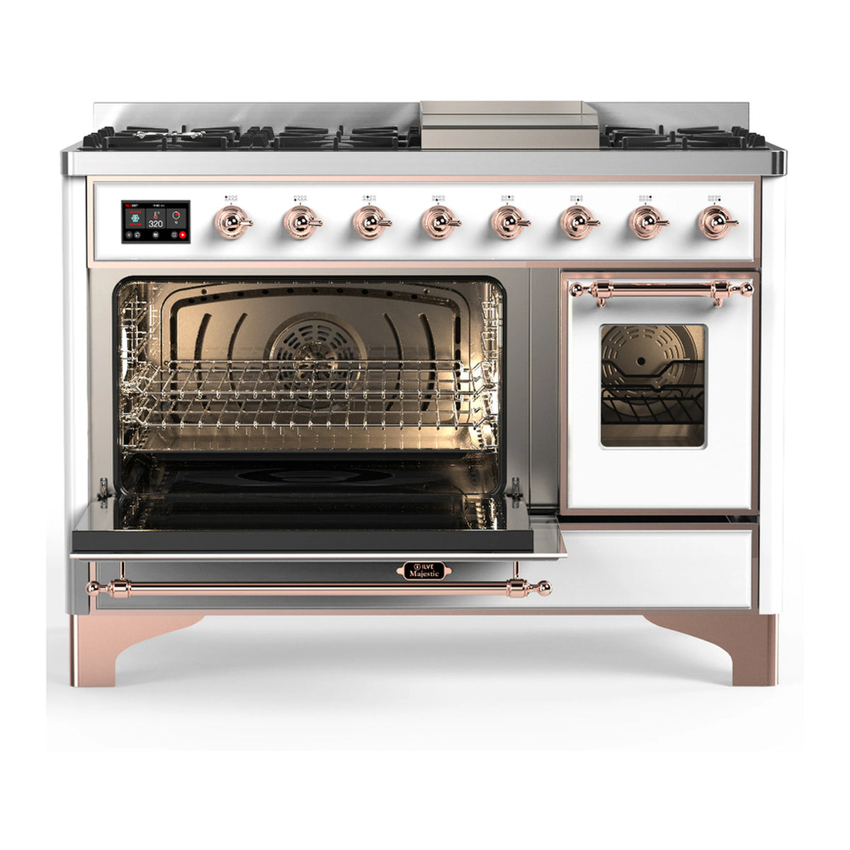 White dual-fuel range with copper trim and both oven doors open with visible racks