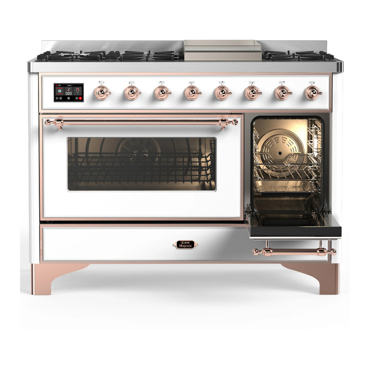 White dual-fuel range with copper trim, 5 burners, control panel, and dual oven doors