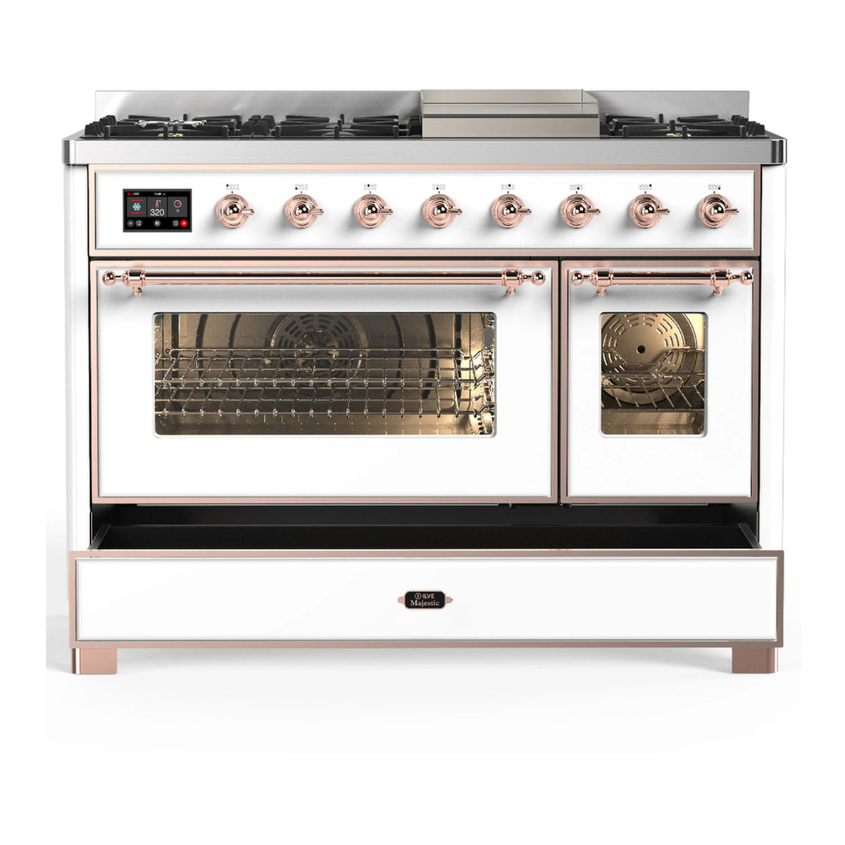 White dual-fuel range with copper trim, 5 burners, wide oven door windows, and knobs